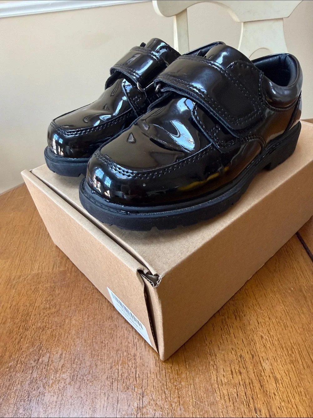 Kids Black Patent Leather Hook & Loop Dress Loafers